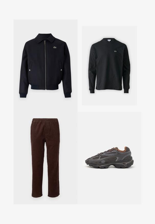 Navy zip-up jacket with a collared neckline, ribbed cuffs, side pockets, and a small green logo on the left chest. Textured fabric.; Black long-sleeve t-shirt made of cotton, featuring a round neckline and a small green embroidered crocodile logo on the left chest.; Brown corduroy pants with a relaxed fit, featuring an elastic waistband and vertical ribbed texture. Straight leg design, no pockets.; Lacoste sneakers in dark gray with mesh and synthetic material, featuring a textured sole and brown accents on the collar and branding.