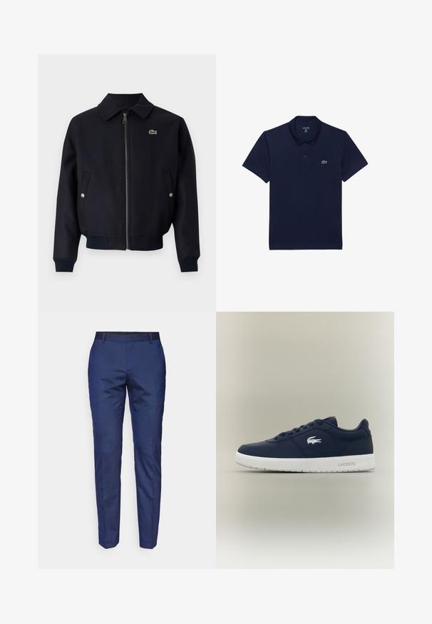 Chaqueta con cremallera en color marino, con cuello tipo camisa, puños acanalados, bolsillos laterales y un pequeño logo verde en el lado izquierdo del pecho. Tejido texturizado.; Polo de color azul marino hecho de algodón; presenta un collar clásico, mangas cortas y un pequeño logo bordado en blanco en el lado izquierdo del pecho.; Pantalones de corte entallado en azul marino con una textura suave, de corte recto y ajustado, y una cintura negra. Sin patrones visibles ni detalles de hardware.; Zapatilla azul marino hecha de material sintético suave, con suela de goma blanca, diseño con cordones y logo del cocodrilo de Lacoste en el lateral.