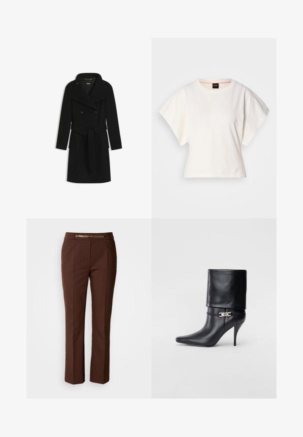Schwarzer, doppelt geknöpfter, langer Mantel mit breiten Revers, Knopfverschluss, tailliertem Gürtel und seitlichen Taschen, flach auf einem weißen Hintergrund ausgelegt.; Weißes, kurzes T-Shirt, kurze weite Ärmel, weicher Baumwollstoff, runder Ausschnitt mit subtilen orangefarbenen Akzenten, minimales Design, keine Muster oder Grafiken.; Braune, maßgeschneiderte Hose mit glatter Textur, ausgestattet mit einem goldenen Kettenakzent am Hüftbund und gerader Beinform.; Schwarze Leder-Ankle-Boots mit spitzer Zehenpartie, hohen Stiletto-Absätzen, umgeschlagenem Schaft und einem goldenen dekorativen Schnallen-Detail an der Knöchel.