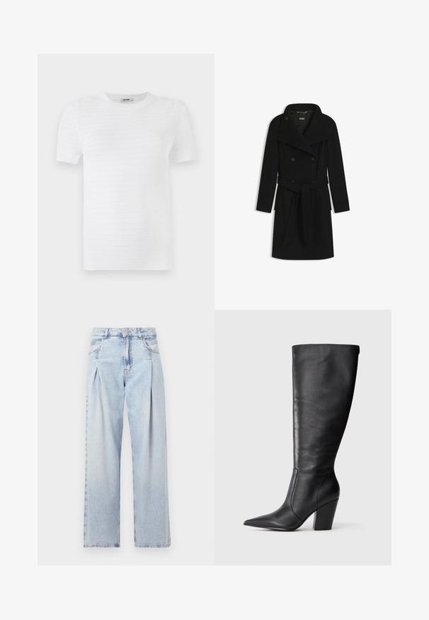 Cappotto lungo nero doppiopetto con ampi risvolti, chiusura a bottone, vita con cintura e tasche laterali, disteso su uno sfondo bianco.; T-shirt bianco a maniche corte realizzato in tessuto testurizzato con un motivo a coste. Il design include un collo rotondo e una vestibilità dritta.; Jeans in denim azzurro chiaro con vita alta, taglio a gamba larga, due tasche laterali e design plissettato. Texture morbida con una finitura sbiadita.; Stivale in pelle nera al ginocchio con punta affilata e tacco alto spesso, mostrato in profilo laterale sinistro su sfondo bianco.