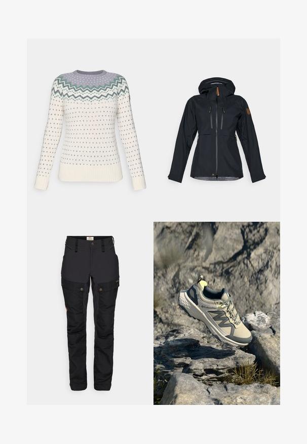 Czarna wodoodporna kurtka z kapturem, dwoma zamykanymi na zamek kieszeniami na klatce piersiowej oraz zamkami z brązowymi skórzanymi uchwytami. Gładka tekstura z regulowanymi mankietami.; Sweter dziergany w kolorze kremowym z wzorem w zygzak w jasnopurpurowym i zielonym w okolicy dekoltu. Posiada małe niebieskie serduszka i ściągacze.; Czarne spodnie outdoorowe o wytrzymałej teksturze, z kieszeniami cargo, regulowanym pasem i zapięciami na guziki, zaprojektowane z myślą o funkcjonalności i komforcie.; Buty do biegania w terenie Columbia w jasnym beżu i szarości. Siatkowa cholewka z teksturowanymi detalami, gumowa podeszwa i odblaskowe akcenty. Lekka konstrukcja.