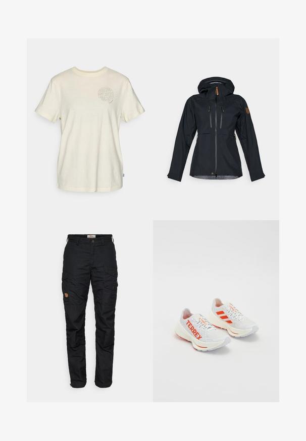 Chaqueta negra impermeable con capucha, dos bolsillos de pecho con cremallera y cremalleras con tiradores de cuero marrón. Textura suave con puños ajustables.; Camiseta de manga corta de algodón en beige claro, con un gráfico redondo con el texto "TE VEO AQUÍ FUERA" y elementos de la naturaleza en el pecho.; Pantalones cargo negros con múltiples bolsillos, cierre de botón y un diseño de pierna ligeramente ajustada. Fabricados con un material duradero y un acabado texturizado.; Zapatillas de running blancas con acentos naranjas. Material de malla, puntera redondeada y plantilla gruesa. "TERREX" impreso en el costado y tres rayas en el talón.