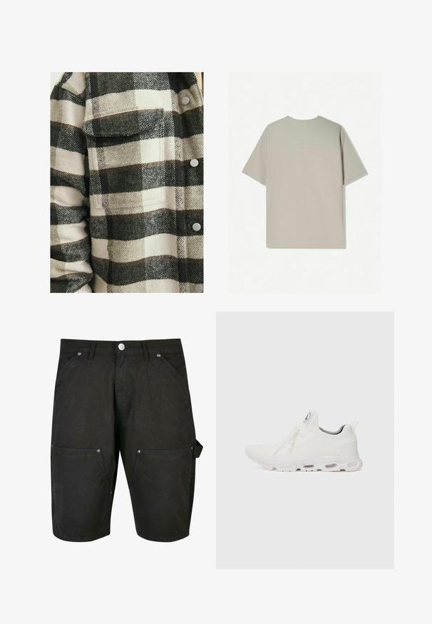 Checkered flannel shirt in cream and dark green. Features a chest pocket, buttons, and a soft, textured fabric.; Beige cotton t-shirt with short sleeves. Features a simple design and a round neckline. Smooth texture with minimal stitching on the back.; Urban Classics DOUBLE KNEE CARPENTER - Shorts - black; White athletic shoes featuring a textured knit upper, flat laces, and a cushioned sole with visible air chambers for added support.