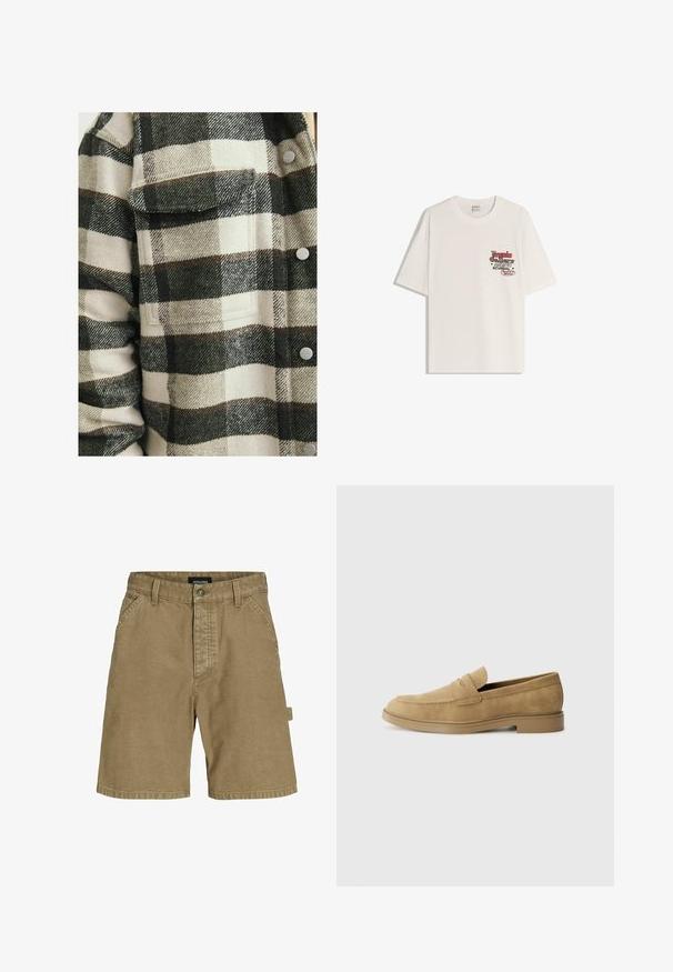 Chemise en flanelle à carreaux en crème et vert foncé. Elle présente une poche poitrine, des boutons et un tissu doux et texturé.; T-shirt en coton blanc à manches courtes et col rond. Présente un graphique imprimé en texte rouge et noir sur la partie gauche de la poitrine.; Shorts en coton beige à coupe droite, dotés de poches latérales, d'une fermeture à bouton à l'avant et d'une étiquette logo à l'arrière.; Mocassins en daim beige avec un bout arrondi, un petit talon carré et des détails brodés sur la tige. Texture lisse et design minimaliste.