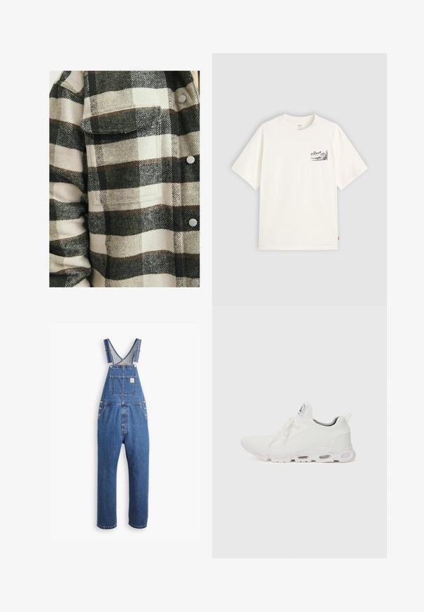 Camisa de franela a cuadros en crema y verde oscuro. Cuenta con un bolsillo en el pecho, botones y una tela suave y texturizada.; Camiseta blanca de manga corta hecha de algodón, con un diseño gráfico negro en la zona del pecho izquierdo que dice "Fresh."; Pantalones de mezclilla en azul medio, con tirantes ajustables, un bolsillo frontal y herrajes metálicos, con un ajuste relajado y un diseño de pierna recta.; Zapatillas deportivas blancas con un upper de punto texturizado, cordones planos y una suela acolchada con cámaras de aire visibles para mayor soporte.
