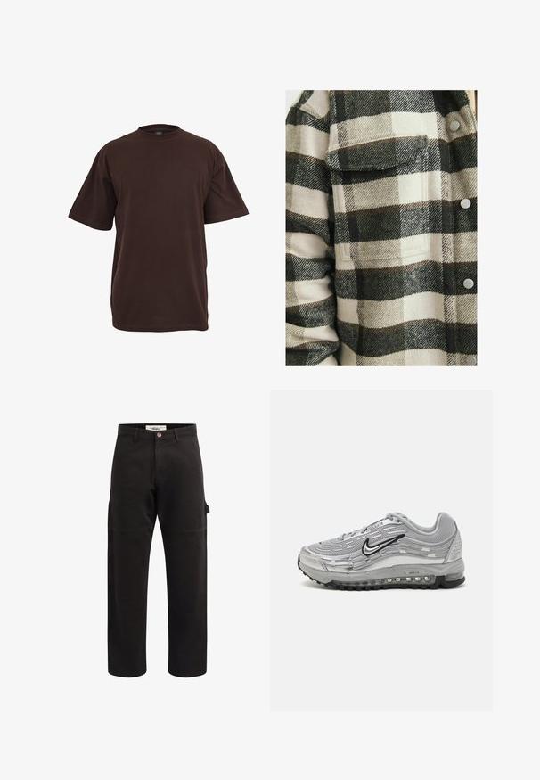 Kockás flaneling krém és sötétzöld színben. Tartalmaz egy mellzsebet, gombokat és egy puha, textúrált anyagot.; Barna pamut póló rövid ujjakkal, kerek nyakkivágással és laza szabással. Sima textúra, látható minták vagy díszítések nélkül.; Fekete cargo nadrág tartós anyagból, egyenes szárú, gombos záródással és oldalsó zsebekkel a tároláshoz.; Szürke Nike Air Max sportcipők, hálós és szintetikus felsőrész, hullám alakú dizájn, fekete kiegészítők és látható légpárnás talp.