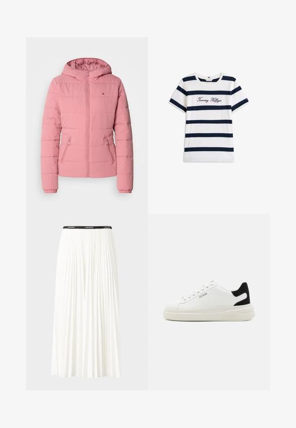 Lyserød pufferjakke med hætte, præsenterer quiltet design, frontlynlås og sidelommer. Ribstrikkede manchetter og diskret logo-detalje.; T-shirt i bomuld med vandrette marineblå striber på en hvid baggrund. "Tommy Hilfiger" broderet i kursiv på brystet. Rund hals.; Plisseret hvid nederdel med en sort elastisk talje, der har "LACOSTE"-logoet. Mellemlang design med blød tekstur.; Hvide lædersneakers med en tyk hvid sål, sort ruskindhælvægt og prægede logoer på siden. Snørebåndsdesign med seks øjer.