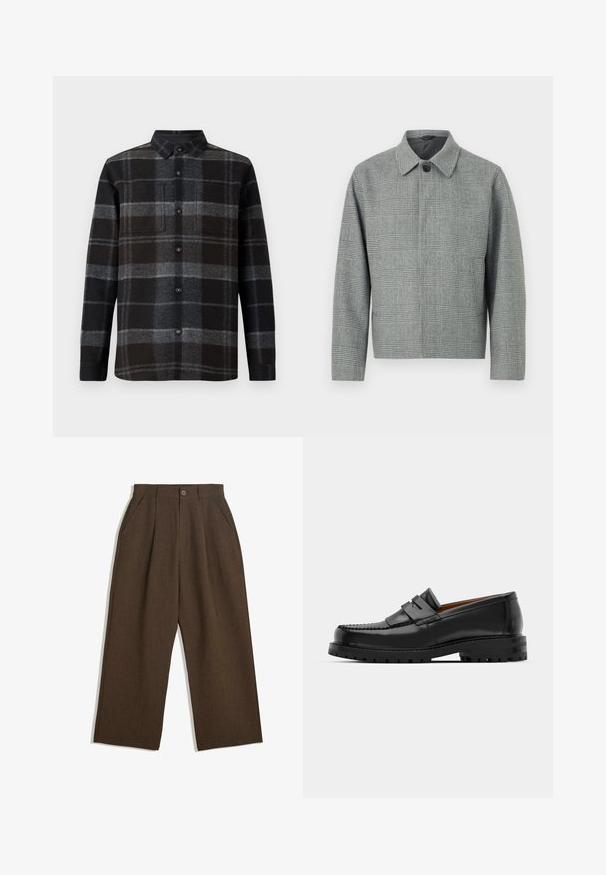 Giacca grigia a quadri con colletto, chiusura frontale con bottoni, maniche lunghe e vestibilità strutturata. Realizzata in tessuto testurizzato con un motivo.; Camicia di flanella a quadri nera e grigia, con colletto a punta, apertura con bottoni e due tasche sul petto. Tessuto morbido e maniche lunghe.; Polo shirt a maniche lunghe grigio scuro con tessuto testurizzato, colletto e patta con tre bottoni. Presenta un orlo dritto e cuciture sottili.; Pantaloni a pieghe marroni con taglio a gamba larga, dotati di chiusura con bottone e tasche laterali, realizzati in tessuto testurizzato adatto per un abbigliamento casual.; I mocassini in pelle nera presentano una cucitura sollevata, due fasce decorative sulla parte superiore e una suola spessa e texture per una maggiore aderenza.