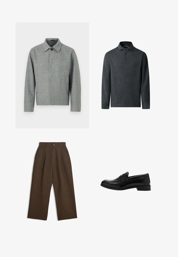 Gråternet jakke med krave, knaplukning foran, lange ærmer og en struktureret pasform. Lavet af tekstureret stof med et mønster.; Mørkegrå langærmet polo skjorte med struktureret stof, krave og tre-knaps placket. Har en lige kant og diskret syning.; Brune, plisserede bukser med et vidde-design, der har en knaplukning og sidelommer, lavet af struktureret stof, der er egnet til afslappet brug.; Sort læderloafer med rund tå, plisseret frontdetalje, teksturerede accenter og en lav hæl, sat mod en ensfarvet baggrund.