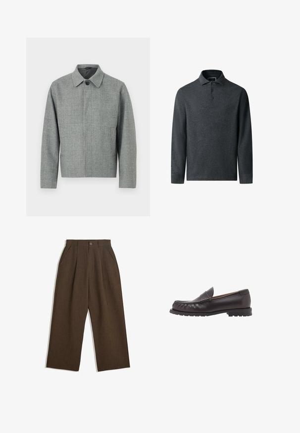 Šedá kockovaná bunda s golierom, predným zapínaním na gombíky, dlhými rukávmi a vyváženým strihom. Vyrobená z textúrovanej tkaniny so vzorom.; Tmavo šedá polo košeľa s dlhým rukávom, vyrobená z texturovanej tkaniny, s golierom a zapínaním na tri gombíky. Má rovný lem a jemné švy.; Hnedé plisované nohavice s širokým strihom, vybavené zapínaním na gombík a bočnými vreckami, vyrobené z textúrovaného materiálu vhodného na neformálne nosenie.; Hnedé kožené mokasíny s okrúhlou špičkou, prešívaním a nízkou gumovou podrážkou. Hladký povrch s jemným leskom.