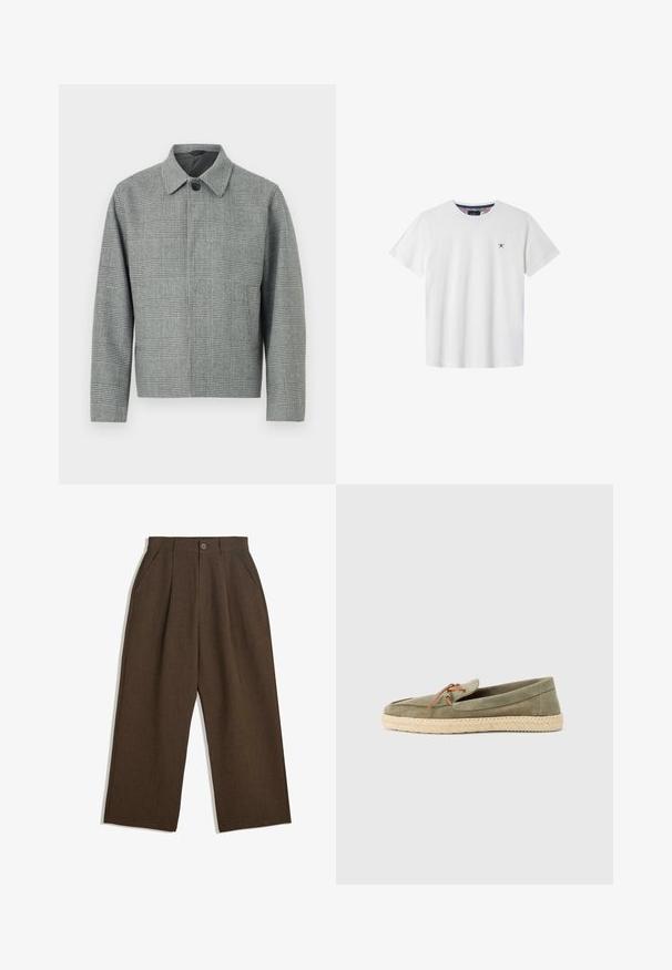 Szary w kratę żakiet z kołnierzem, z przodu zapinany na guziki, z długimi rękawami i dopasowanym krojem. Wykonany z teksturowanej tkaniny z wzorem.; Biała bawełniana koszulka z krótkim rękawem, okrągłym dekoltem i granatowym emblematem krzyża na lewej piersi. Posiada wzorzystą podszewkę dekoltu.; Brązowe spódnie z plisami w szerokim kroju, z zapięciem na guziki i bocznymi kieszeniami, wykonane z teksturowanej tkaniny, idealne na codzienne okazje.; Zielone zamszowe espadryle wsuwane z plecioną jucie, z okrągłym noskiem i brązowym sznurowaniem na cholewce.