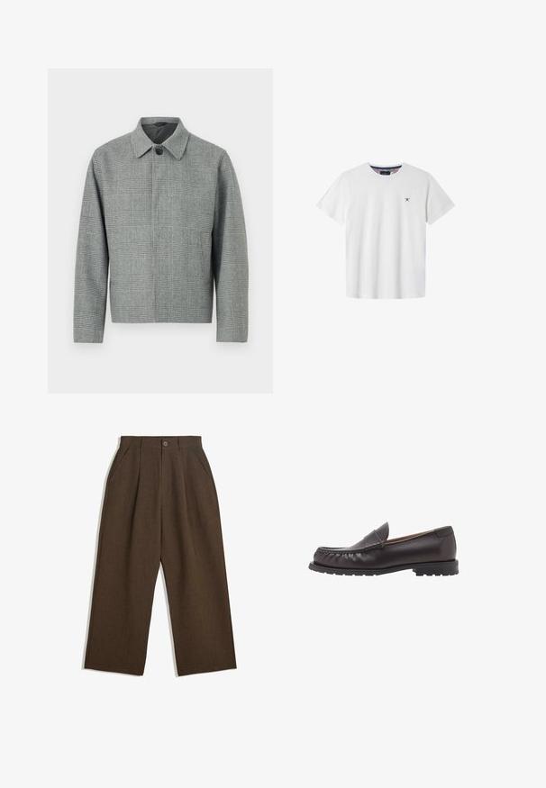 Šedá kockovaná bunda s golierom, predným zapínaním na gombíky, dlhými rukávmi a vyváženým strihom. Vyrobená z textúrovanej tkaniny so vzorom.; Biela bavlnená tričko s krátkymi rukávmi, okrúhlym výstrihom a námořníckym krížovým emblémom na ľavej hrudi. Obsahuje vzorovaný vnútorný výstrih.; Hnedé plisované nohavice s širokým strihom, vybavené zapínaním na gombík a bočnými vreckami, vyrobené z textúrovaného materiálu vhodného na neformálne nosenie.; Hnedé kožené mokasíny s okrúhlou špičkou, prešívaním a nízkou gumovou podrážkou. Hladký povrch s jemným leskom.
