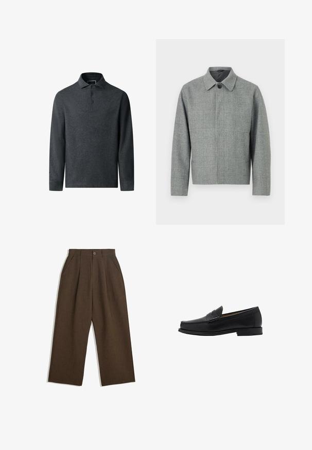 Šedá kostkovaná bunda s límečkem, předním zapínáním na knoflíky, dlouhými rukávy a strukturovaným střihem. Vyrobena z texturované tkaniny s vzorem.; Tmavě šedé polo tričko s dlouhým rukávem vyrobené z texturované látky, s límcem a knoflíkovou légou se třemi knoflíky. Má rovný spodní lem a jemné prošívání.; Hnědé skládací kalhoty s širokým střihem, vybavené zapínáním na knoflík a bočními kapsami, vyrobené z texturované tkaniny vhodné pro volnočasové nošení.; Mango Elegantní nazouvací boty - black