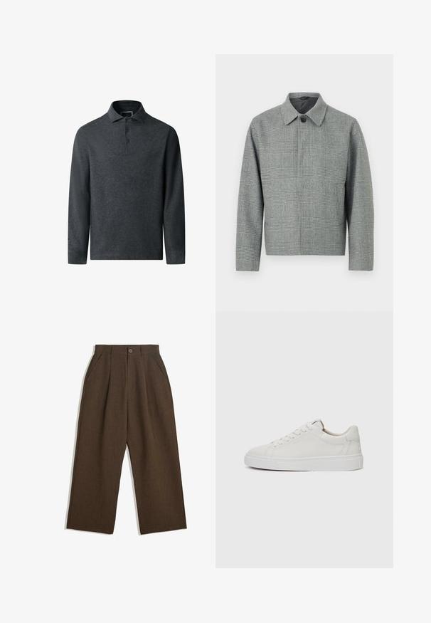 Harma ruuduline jakk, millel on krae, esipaneeliga nööbid, pikad varrukad ja struktureeritud lõige. Valmistatud tekstuuriga kangast, millel on muster.; Tummanharmaa pitkähihainen polo-paita, jossa on teksturoitu kangas, kaulus ja kolmonen painonappi. Ominaisuuksiin kuuluu suora helma ja hienovarainen ommel.; Ruske pleated hlače s širokim nogavicami, ki imajo gumbasto zapiranje in stranske žepke, narejene iz teksturiranega materiala, primernega za sproščeno nošenje.; Valkoiset nahkaiset matalakärkiset lenkkarit, joissa on pyöreä kärki, litteä valkoinen kumipohja ja minimalistinen ommel yksityiskohtana. Nauhat on kiinnitetty kuuden silmukan läpi.