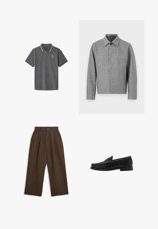 Šedá kockovaná bunda s golierom, predným zapínaním na gombíky, dlhými rukávmi a vyváženým strihom. Vyrobená z textúrovanej tkaniny so vzorom.; Šedé polo tričko s klasickým golierom, dvoma gombíkmi a bielymi prúžkami na golieri a rukávoch. Vyšité logo "H" na hrudi.; Hnedé plisované nohavice s širokým strihom, vybavené zapínaním na gombík a bočnými vreckami, vyrobené z textúrovaného materiálu vhodného na neformálne nosenie.; Mango Elegantné našuchovačky - black