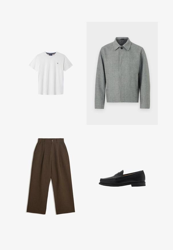 Grijze geruite jas met een kraag, sluiting met knopen aan de voorkant, lange mouwen en een gestructureerde pasvorm. Gemaakt van textiel met een patroon.; Witte katoenen t-shirt met korte mouwen, ronde hals en een marineblauw kruisembleem op de linkerkant van de borst. Beschikt over een gestreepte binnenhals.; Bruine geplooide broeken met een wijdvallend ontwerp, voorzien van een knoopsluiting en zijzakken, gemaakt van een textiel dat geschikt is voor casual wear.; Mango Zakelijke loafers - black