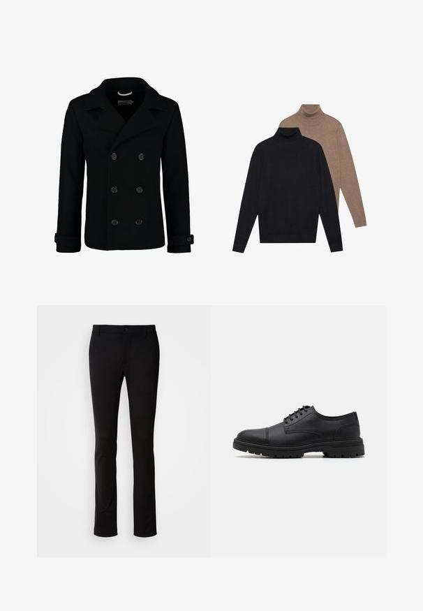 Czarny dwurzędowy płaszcz typu peacoat wykonany z wełny, z wyłamią kołnierzem, dużymi guzikami i podwiniętymi mankietami. Gładka tekstura z dopasowanym krojem.; Dwa swetry z długim rękawem i golfem, jeden w kolorze czarnym, a drugi w jasnobrązowym, wykonane z miękkiej dzianiny o dopasowanym kroju i prążkowanych mankietach.; Czarne spodnie wykonane z gładkiego materiału, z zapięciem na guzik, paskiem i prostymi nogawkami. Brak widocznych wzorów lub akcentów.; Czarne skórzane buty sznurowane z zaokrąglonym noskiem, teksturowanymi bokami i masywną gumową podeszwą z bieżnikiem dla lepszej przyczepności.