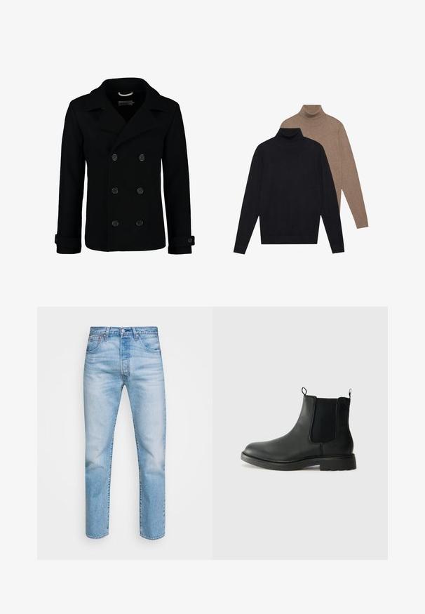 Peacoat preto de dupla face, confeccionado em lã, com gola partida, botões grandes e punhos dobrados. Textura suave com um ajuste entalhado.; Dois suéteres de gola alta de manga longa, um em preto e outro em bege claro, feitos de um tecido de malha suave, com um design ajustado e punhos canelados.; Jeans de denim azul claro com corte reto, design de cinco bolsos, fecho de botão e padrões discretos de desgaste no tecido.; Botas Chelsea em couro preto com painéis laterais elásticos, alças de puxar, bico arredondado e solado de borracha texturizada. Superfície lisa e design robusto.