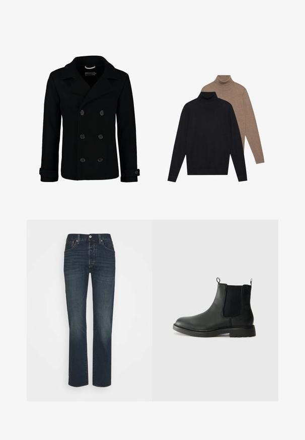 Cappotto doppiopetto nero realizzato in lana, con colletto a revers, grandi bottoni e polsini arrotolati. Texture liscia con una vestibilità sartoriale.; Due maglioni a collo alto con maniche lunghe, uno nero e uno marrone chiaro, realizzati in morbido tessuto a maglia con un design aderente e polsini a coste.; Jeans in denim blu scuro con design a gamba diritta, cinque tasche e leggere scoloriture. Completati con un bottone metallico e chiusura con zip.; Stivali Chelsea in pelle nera con pannelli laterali elasticizzati, linguette, punta arrotondata e suola in gomma testurizzata. Superficie liscia e design robusto.