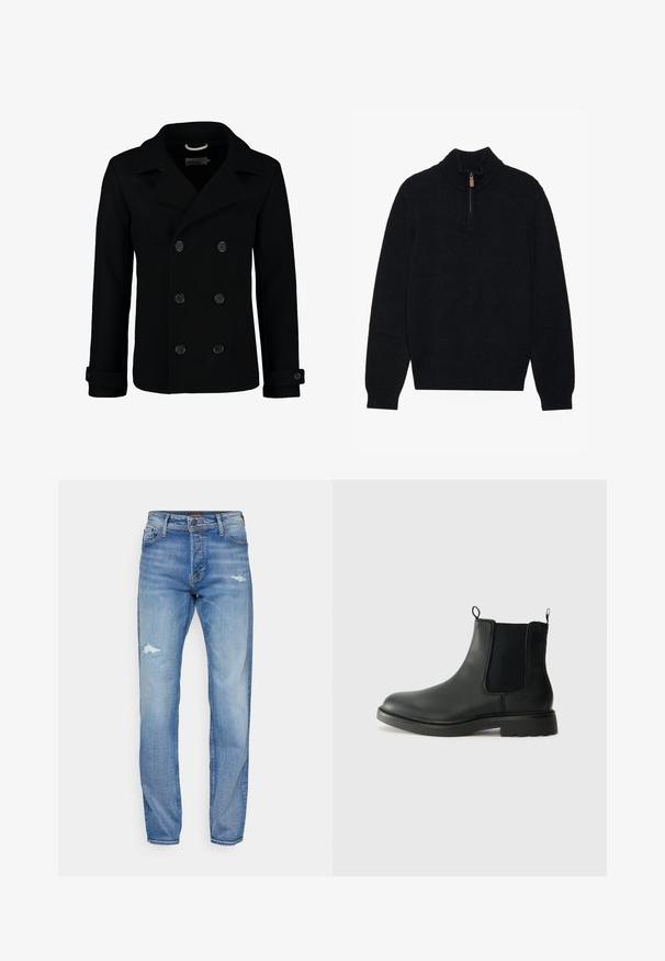 Cappotto doppiopetto nero realizzato in lana, con colletto a revers, grandi bottoni e polsini arrotolati. Texture liscia con una vestibilità sartoriale.; Maglione nero con collo alto e chiusura a mezza zip, realizzato in un morbido tessuto strutturato. Presenta polsini e orlo a coste.; Jeans in denim blu chiaro con taglio dritto, caratterizzati da dettagli strappati e un leggero sbiadimento. Design classico a cinque tasche, chiusura con bottone.; Stivali Chelsea in pelle nera con pannelli laterali elasticizzati, linguette, punta arrotondata e suola in gomma testurizzata. Superficie liscia e design robusto.