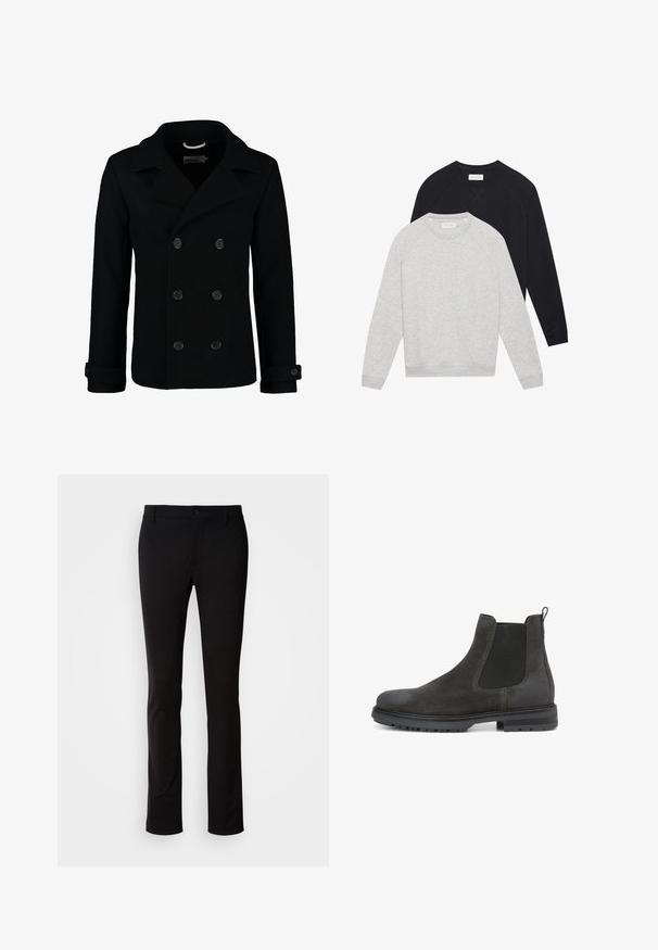 Manteau marin noir croisé en laine, avec un col à cranter, de grands boutons et des poignets retroussés. Texture lisse avec une coupe cintrée.; Deux sweat-shirts à col rond à manches longues, l'un gris clair superposé devant un noir, tous deux avec des poignets et un ourlet côtelés.; Pantalon noir en tissu lisse, avec fermeture à bouton, passants de ceinture et coupe droite. Aucun motif ni accent visible.; Botte Chelsea pour homme en daim gris foncé avec panneau latéral élastique noir et semelle robuste, vue de l'extérieur sur fond blanc.