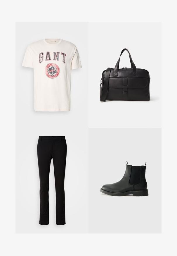 Must kasvut ja materjalist villane must kahekordse nööbiga peacoat, millel on lõigatud krae, suured nööbid ja keeratud varrukad. Sile tekstuur ja istuvus.; Heled hall sweater pikkade varrukatega ja ümarate kaelustega, ribadest krae, varrukaotsad ja alumine äär, asetatud tasasele valgele taustale.; Krean puuvillane T-särk lühikeste varrukatega. Omab silmatorkavat punast ja sinist "GANT" teksti ning ümmargust logo graafikat koos tekstiga "asutatud 1949".; Mustadest siledast kangast püksidest, mis on varustatud nööpkinni ja vöörihmadega, otse säärtega kujunduses. Ilma nähtavate mustrite ja aktsentideta.; Mustad mustad Chelsea saapad elastsete külgpaneelidega, tõmbevalmidus, ümara ninaga ja tekstureeritud kummitald. Sile pind ja vastupidav disain.; Must kott mustast nahast, millel on kaks käepidet, reguleeritav õlaühe, lukud ning sirge kuju ja sile tekstuur.