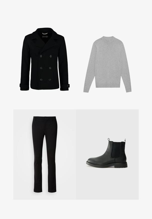 Palton negru dublu, din lână, cu guler cu vârfuri, nasturi mari și manșete rulate. Textură netedă cu o croială ajustată.; Pulover lung cu mâneci lungi, de culoare gri deschis, cu guler, manșete și tiv ribbrate, întins pe un fundal alb.; Pantaloni negri dintr-un material neted, cu închidere cu nasture, bucle pentru curea și croi drept. Fără modele sau accente vizibile.; Bocanci Chelsea din piele neagră, cu panouri laterale elastice, mânere de prindere, vârf rotunjit și talpă din cauciuc texturat. Suprafață netedă și design robust.
