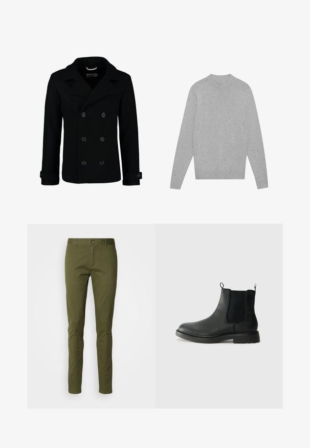 Schwarzer doppelt geknöpfter Peacoat aus Wolle, mit einem Reverskragen, großen Knöpfen und umgeschlagenen Manschetten. Glatte Textur mit taillierter Passform.; Hellgrauer langärmeliger Rundhalsausschnitt-Pullover mit geripptem Kragen, Bündchen und Saum, flach auf einem weißen Hintergrund ausgelegt.; Olivgrüne Chinos aus einem Baumwollmischgewebe, mit geradem Schnitt, Reißverschluss und frontalen Taschen. Glatte Textur mit minimaler Gestaltung.; Schwarze Leder-Chelsea-Stiefel mit elastischen Seitenelementen, Zuglaschen, runder Spitze und profiliertem Gummisohle. Glatte Oberfläche und robuste Bauweise.