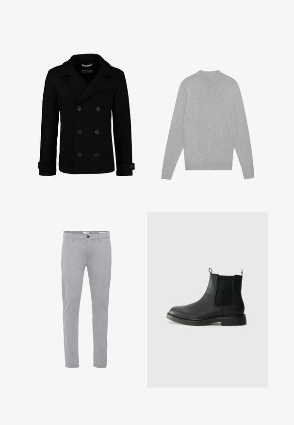 Schwarzer doppelt geknöpfter Peacoat aus Wolle, mit einem Reverskragen, großen Knöpfen und umgeschlagenen Manschetten. Glatte Textur mit taillierter Passform.; Hellgrauer langärmeliger Rundhalsausschnitt-Pullover mit geripptem Kragen, Bündchen und Saum, flach auf einem weißen Hintergrund ausgelegt.; Graue Baumwollmischung-Hosen in Slim-Fit mit Reißverschluss, Knopfverschluss und Standardtaschen für Funktionalität.; Schwarze Leder-Chelsea-Stiefel mit elastischen Seitenelementen, Zuglaschen, runder Spitze und profiliertem Gummisohle. Glatte Oberfläche und robuste Bauweise.