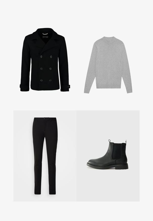 Zwarte dubbelbreasted peacoat van wol, met een notch-kraag, grote knopen en oprolbare mouwen. Glad textuur met een getailleerde pasvorm.; Lichtgrijze langarm crewneck sweater met ribbelkraag, manchetten en zoom, plat gelegd op een witte achtergrond.; Zwarte slim-fit broek van gladde stof. Voorzien van een knoopsluiting, riemlussen en een klassiek ontwerp zonder zichtbare patronen of accenten.; Zwarte leren chelsea boots met elastische zijpanelen, trekflappen, ronde neus en een gegoten rubberen zool. Gladde oppervlakte en stevige constructie.