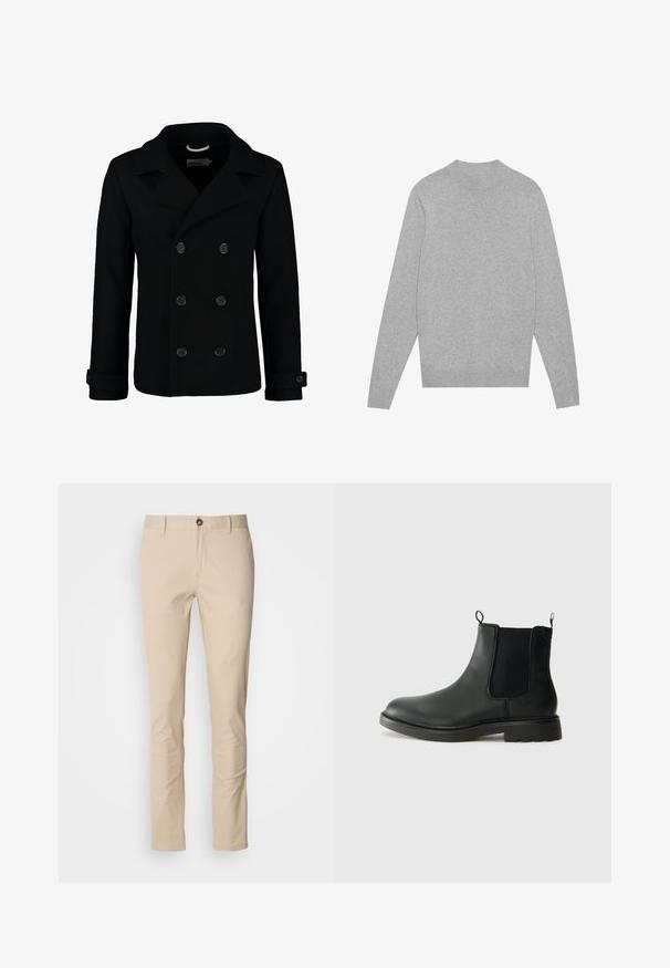 Manteau marin noir croisé en laine, avec un col à cranter, de grands boutons et des poignets retroussés. Texture lisse avec une coupe cintrée.; Pull en jersey à manches longues gris clair avec col, poignets et ourlet côtelés, posé à plat sur un fond blanc.; Pantalon en coton beige avec une coupe slim, doté d'une fermeture à bouton, d'une texture subtile et de poches standard. Design uni, sans motifs ni accents.; Bottines Chelsea en cuir noir avec des panneaux élastiques sur les côtés, des languettes de tirage, un bout arrondi et une semelle en caoutchouc texturée. Surface lisse et design robuste.
