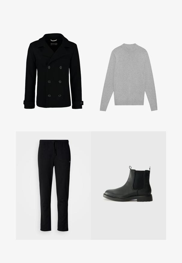 Manteau marin noir croisé en laine, avec un col à cranter, de grands boutons et des poignets retroussés. Texture lisse avec une coupe cintrée.; Pull en jersey à manches longues gris clair avec col, poignets et ourlet côtelés, posé à plat sur un fond blanc.; Pantalons de survêtement noirs en tissu doux, avec une taille élastique et un cordon de serrage, au design slim fit. Pas de motifs ou d'accents visibles.; Bottines Chelsea en cuir noir avec des panneaux élastiques sur les côtés, des languettes de tirage, un bout arrondi et une semelle en caoutchouc texturée. Surface lisse et design robuste.