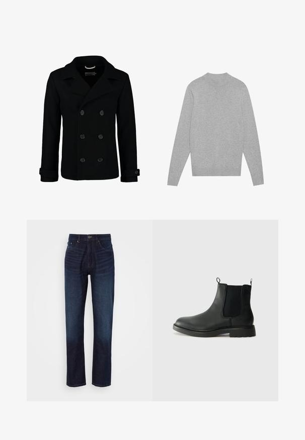 Μαύρο παλτό με διπλό κούμπωμα φτιαγμένο από μαλλί, με καμπύλη γιακά, μεγάλα κουμπιά και κυρτές μανσέτες. Λείο υλικό με κομψή εφαρμογή.; Ανοιχτό γκρι μακρυμάνικος πουλόβερ με στρογγυλή λαιμόκοψη, με ραμμένο ντεκολτέ, μανσέτες και τελείωμα, τοποθετημένο οριζόντια σε λευκό φόντο.; Σκούρα μπλε τζιν παντελόνι με ίσια γραμμή, διαθέτει φερμουάρ, πέντε τσέπες και ξεθωριασμένες περιοχές μπροστά για αντίθεση.; Μαύρες δερμάτινες μποτίνες Chelsea με ελαστικές πλαϊνές ταινίες, λαβές για την πάρτιση, στρογγυλή μύτη και υφή από καουτσούκ. Λείος επιφάνεια και στιβαρός σχεδιασμός.