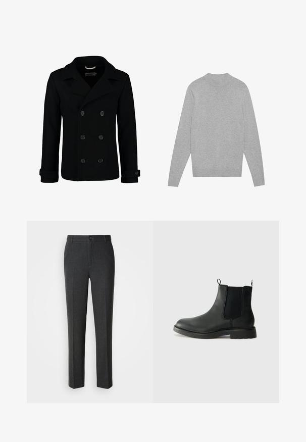 Svart dobbelspent pea-coat laget av ull, med hakelapp, store knapper og rullede mansjetter. Smooth tekstur med en skreddersydd passform.; Lys grå langermet crewneck-genser med ribbet krage, mansjetter og nederkant, lagt flatt på en hvit bakgrunn.; Skreddersydde mørkegrå bukser i et glatt stoff, med knappelukking, to frontlommer og rett ben-design.; Sorte skinn Chelsea-støvler med elastiske sidepaneler, hemper, rund tå og teksturert gummisåle. Glatt overflate og robust design.