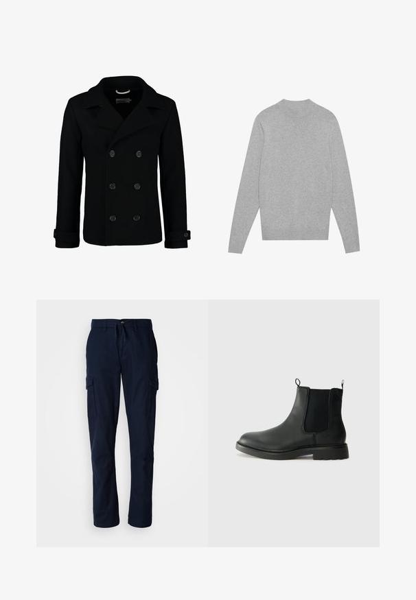Manteau marin noir croisé en laine, avec un col à cranter, de grands boutons et des poignets retroussés. Texture lisse avec une coupe cintrée.; Pull en jersey à manches longues gris clair avec col, poignets et ourlet côtelés, posé à plat sur un fond blanc.; Pantalons cargo bleu marine en tissu durable, dotés de deux poches latérales et d'une taille à cordon de serrage pour un ajustement réglable.; Bottines Chelsea en cuir noir avec des panneaux élastiques sur les côtés, des languettes de tirage, un bout arrondi et une semelle en caoutchouc texturée. Surface lisse et design robuste.