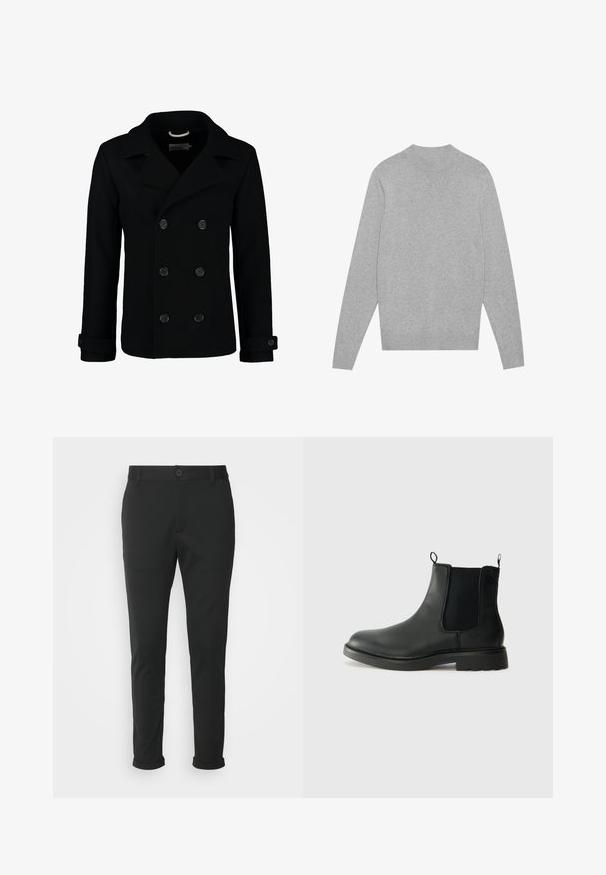 Svart dobbelspent pea-coat laget av ull, med hakelapp, store knapper og rullede mansjetter. Smooth tekstur med en skreddersydd passform.; Lys grå langermet crewneck-genser med ribbet krage, mansjetter og nederkant, lagt flatt på en hvit bakgrunn.; Sorte bukser laget av et glatt stoff med rett passform. Har en enkel knappelukking og oppbrettede mansjetter.; Sorte skinn Chelsea-støvler med elastiske sidepaneler, hemper, rund tå og teksturert gummisåle. Glatt overflate og robust design.