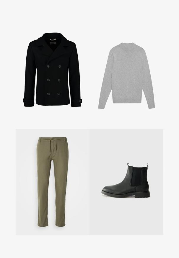 Manteau marin noir croisé en laine, avec un col à cranter, de grands boutons et des poignets retroussés. Texture lisse avec une coupe cintrée.; Pull en jersey à manches longues gris clair avec col, poignets et ourlet côtelés, posé à plat sur un fond blanc.; Pantalons léger en vert olive, à coupe droite, avec une taille à cordon de serrage ajustable et un tissu légèrement texturé. Pas de poches visibles.; Bottines Chelsea en cuir noir avec des panneaux élastiques sur les côtés, des languettes de tirage, un bout arrondi et une semelle en caoutchouc texturée. Surface lisse et design robuste.
