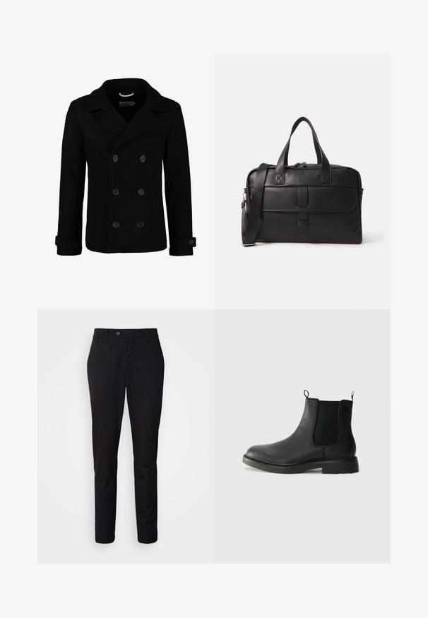 Črn dvoredni peacoat iz volne, ki ima izrezan ovratnik, velike gumbe in zavihane manšete. Gladka tekstura s krojenim prileganjem.; Svetlo sivo dolgi rokavi pulover s krožnim izrezom, z rebrastim ovratnikom, manšetami in robom, položen na beli podlagi.; Črne hlace z usklajeno krojenjem, narejene iz gladkega blaga, z ravnim sprednjim delom, gumbom za zapiranje in zoženimi nogami, brez vidnih okraskov.; Črne usnjene čelija škornji z elastičnimi stranskimi paneli, zanka za poteg in zaobljenim nosom ter teksturiranim gumijastim podplatom. Gladka površina in trdna zasnova.; Črna usnjena potovalna torba, ki ima dvojna ročaja, nastavljiv naramni trak, zadrge in pravokotno obliko z gladko teksturo.