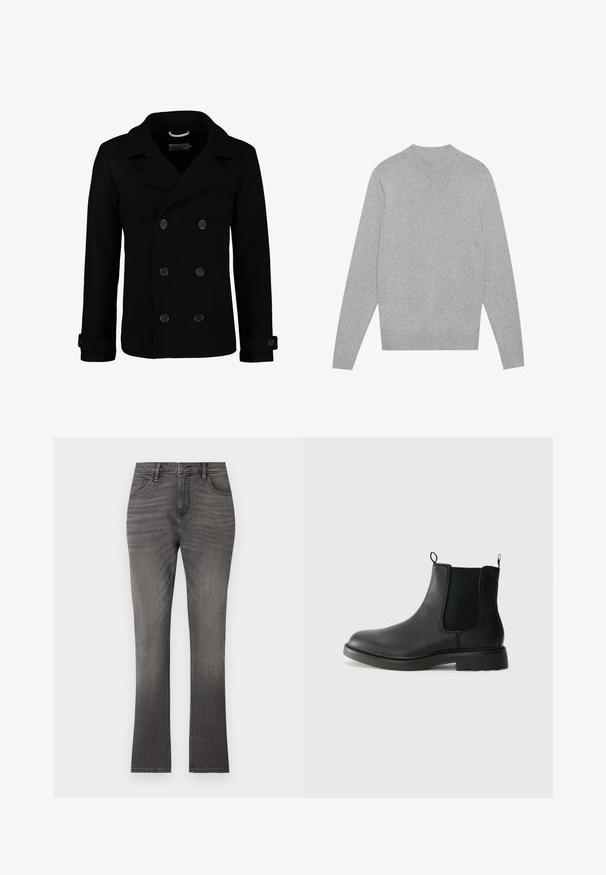 Crni dvoredni peacoat od vune, s oštrim kragnom, velikim dugmadi i zavrnutim manžetama. Glatka tekstura s krojem prilagođenim tijelu.; Svijetlo sivi dukserica s dugim rukavima i okruglim izrezom, s rebrastim ovratnikom, manžetama i donjim rubom, položena ravno na bijeloj pozadini.; Sive traper hlače ravnog kroja, s klasičnim dizajnom pet džepova i suptilnim izbljeđivanjem. Standardno kopčanje na dugme i patentni zatvarač.; Crne kožne Chelsea čizme s elastičnim bočnim panelima, potpeticama za povlačenje, zaobljenim vrhom i teksturiranom gumenom potplatom. Glatka površina i čvrst dizajn.