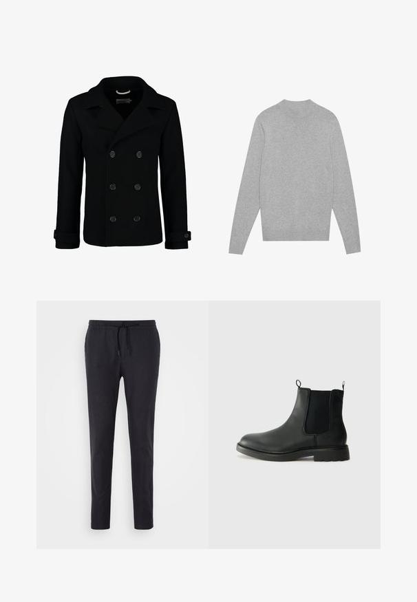 Black double-breasted peacoat made of wool, featuring a notched collar, large buttons, and rolled cuffs. Smooth texture with a tailored fit.; Light grey long-sleeve crewneck sweater with ribbed collar, cuffs, and hem, laid flat on a white background.; Black, lightweight jogger pants with an adjustable drawstring waist, tapered leg design, and a smooth texture. No visible pockets or patterns.; Black leather chelsea boots with elastic side panels, pull tabs, rounded toe, and textured rubber sole. Smooth surface and sturdy design.