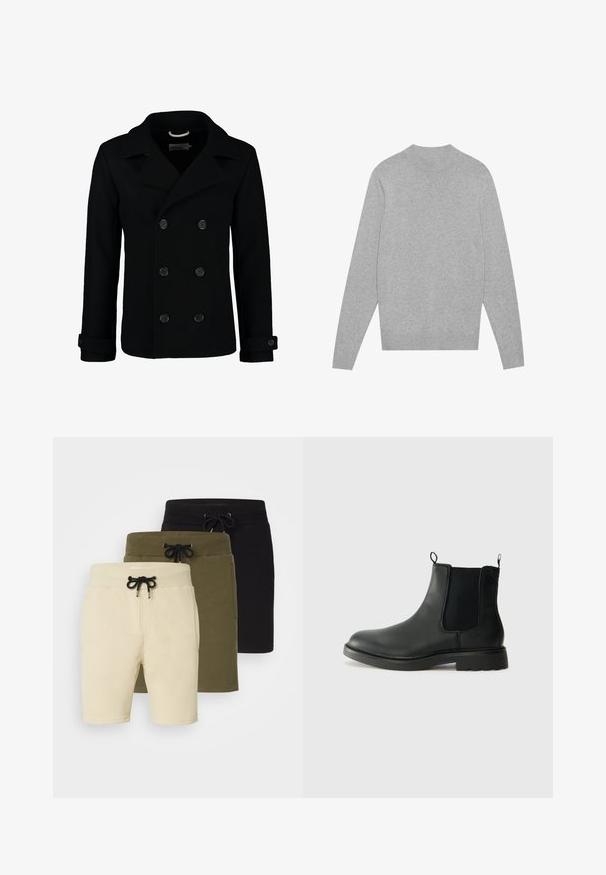 Melnas divkrūšu jūras mētelis, kas izgatavots no vilnas, ar izgrieztu apkakli, lieliem pogām un sarullētām piedurknēm. Gluda tekstūra ar piegriezumu, kas labi piekļaujas.; Gai pelēks garas piedurknes jumta džemperis ar ribotām apkakli, aprocēm un apakšmalu, izklāts uz balta fona.; Trīs šorti bežā, olīvu zaļā un melnā krāsā. Katrs no tiem ir ar aukliņu jostasvietā un kabatām, izgatavoti no mīksta, elastīga auduma.; Melnas ādas Chelsea zābaki ar elastīgām sānu daļām, vilkšanas cilpām, noapaļotu purngalu un teksturētu gumijas zoli. Gluda virsma un izturīga konstrukcija.