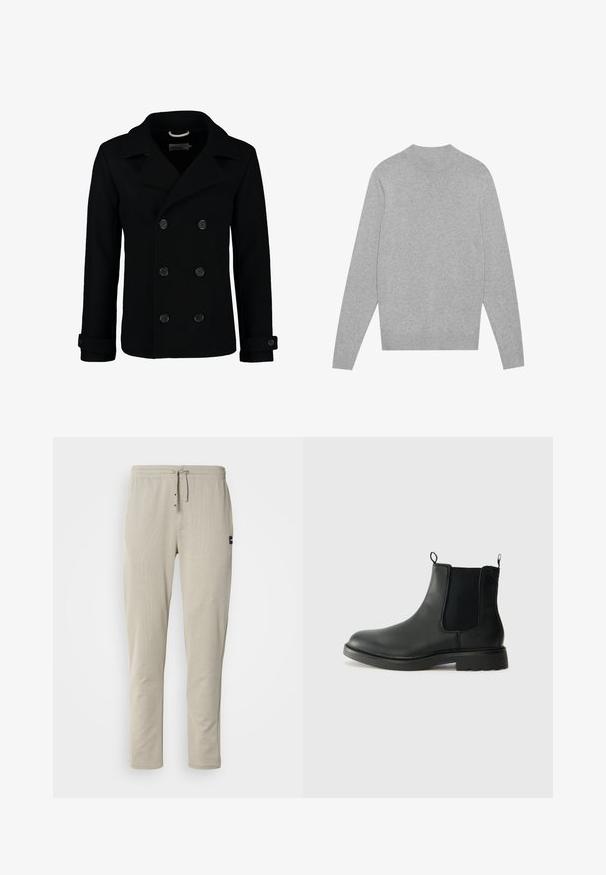 Čierny dvojradový kabát z vlny s klopovým golierom, veľkými gombíkmi a rolovanými manžetami. Hladká textura a prispôsobený strih.; Svetlo šedý sveter s dlhým rukávom a okrúhlym výstrihom, s rebrovaným golierom, manžetami a lemom, položený na bielom pozadí.; Bežové jogger nohavice vyrobené z mäkkého materiálu, s elastickým pásom, šnúrkou na stiahnutie a dvoma prednými vreckami. Minimalistický dizajn so švami na bokoch.; Čierne kožené chelsea čižmy s elastickými bočnými panelmi, uškami na ťahanie, zaoblenou špičkou a textúrovanou gumovou podrážkou. Hladký povrch a pevná konštrukcia.