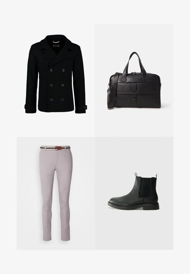 Must kasvut ja materjalist villane must kahekordse nööbiga peacoat, millel on lõigatud krae, suured nööbid ja keeratud varrukad. Sile tekstuur ja istuvus.; Heled hall sweater pikkade varrukatega ja ümarate kaelustega, ribadest krae, varrukaotsad ja alumine äär, asetatud tasasele valgele taustale.; Heled hallid puuvillaseguse kangaga püksid, millel on kitsas lõige, lame esiosa ja pruun-sinise triibuga vöö, millel on ristkülikukujuline pandla.; Mustad mustad Chelsea saapad elastsete külgpaneelidega, tõmbevalmidus, ümara ninaga ja tekstureeritud kummitald. Sile pind ja vastupidav disain.; Must kott mustast nahast, millel on kaks käepidet, reguleeritav õlaühe, lukud ning sirge kuju ja sile tekstuur.