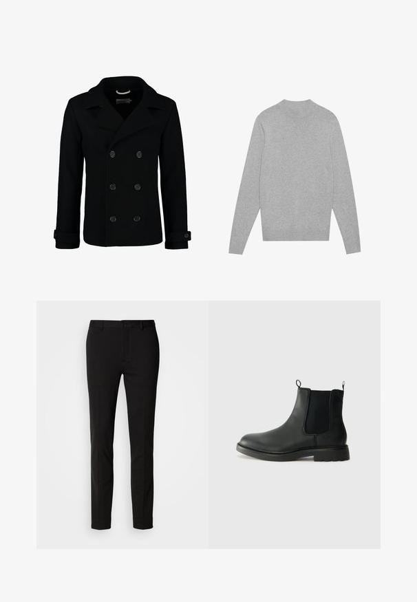 Palton negru dublu, din lână, cu guler cu vârfuri, nasturi mari și manșete rulate. Textură netedă cu o croială ajustată.; Pulover lung cu mâneci lungi, de culoare gri deschis, cu guler, manșete și tiv ribbrate, întins pe un fundal alb.; Pantaloni negri cu o croială slim, dotati cu închidere prin buton și brâu pentru curea. Confecționați dintr-un material neted cu un ușor luciu, fără modele vizibile.; Bocanci Chelsea din piele neagră, cu panouri laterale elastice, mânere de prindere, vârf rotunjit și talpă din cauciuc texturat. Suprafață netedă și design robust.