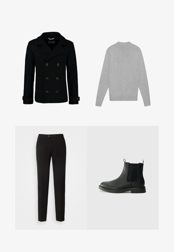 Svart dubbelknäppt sjömansrock i ull, med skalkrage, stora knappar och uppvikta ärmslut. Slät textur med en skräddarsydd passform.; Ljusgrå långärmad tröja med rund hals, med ribbadkrage, manschetter och nederkant, liggande platt på en vit bakgrund.; Svarta raka byxor i slät tyg, med knappstängning och sidofickor i en klassisk design.; Svarta läder Chelsea-boots med elastiska sidopaneler, dragflikar, rundad tå och texturerad gummisula. Slät yta och robust design.