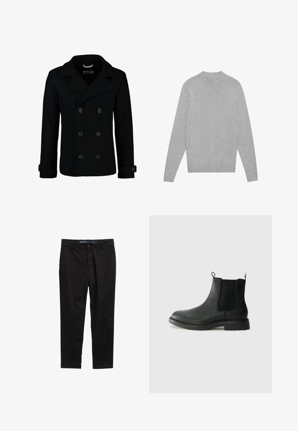 Schwarzer doppelt geknöpfter Peacoat aus Wolle, mit einem Reverskragen, großen Knöpfen und umgeschlagenen Manschetten. Glatte Textur mit taillierter Passform.; Hellgrauer langärmeliger Rundhalsausschnitt-Pullover mit geripptem Kragen, Bündchen und Saum, flach auf einem weißen Hintergrund ausgelegt.; Schwarze Chinos aus einem Baumwollmischgewebe. Verfügt über ein gerades Bein Design, zwei seitliche Taschen und einen Metallknopfverschluss an der Taille.; Schwarze Leder-Chelsea-Stiefel mit elastischen Seitenelementen, Zuglaschen, runder Spitze und profiliertem Gummisohle. Glatte Oberfläche und robuste Bauweise.