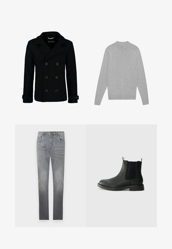 Čierny dvojradový kabát z vlny s klopovým golierom, veľkými gombíkmi a rolovanými manžetami. Hladká textura a prispôsobený strih.; Svetlo šedý sveter s dlhým rukávom a okrúhlym výstrihom, s rebrovaným golierom, manžetami a lemom, položený na bielom pozadí.; Sivé džíny z denimu so zosvetleným dizajnom, klasickým piatym vreckom, zapínaním na gombík a rovného strihu. Hladká textúra s jemným opotrebením na okrajoch.; Čierne kožené chelsea čižmy s elastickými bočnými panelmi, uškami na ťahanie, zaoblenou špičkou a textúrovanou gumovou podrážkou. Hladký povrch a pevná konštrukcia.