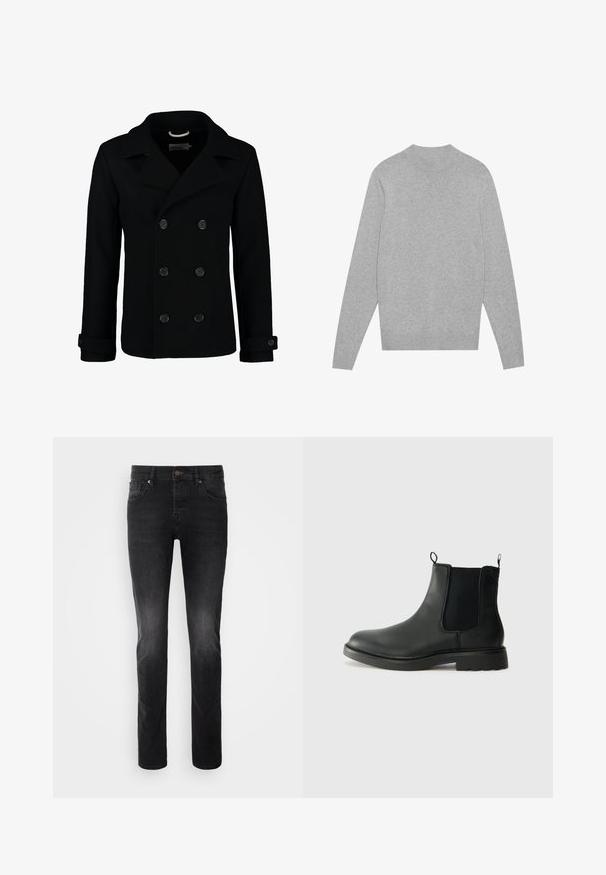 Črn dvoredni peacoat iz volne, ki ima izrezan ovratnik, velike gumbe in zavihane manšete. Gladka tekstura s krojenim prileganjem.; Svetlo sivo dolgi rokavi pulover s krožnim izrezom, z rebrastim ovratnikom, manšetami in robom, položen na beli podlagi.; Črne džins hlače s ravnim krojem, opremljene z zapiranjem na gumb, petimi žepi in rahlim učinkom bledenja na tkanini.; Črne usnjene čelija škornji z elastičnimi stranskimi paneli, zanka za poteg in zaobljenim nosom ter teksturiranim gumijastim podplatom. Gladka površina in trdna zasnova.