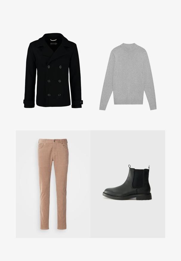 Črn dvoredni peacoat iz volne, ki ima izrezan ovratnik, velike gumbe in zavihane manšete. Gladka tekstura s krojenim prileganjem.; Svetlo sivo dolgi rokavi pulover s krožnim izrezom, z rebrastim ovratnikom, manšetami in robom, položen na beli podlagi.; Svetlo rjave kordurojske hlače s ravnim krojem, ki imajo dva sprednja žepa, zapiranje na gumb in mehko ribasto teksturo.; Črne usnjene čelija škornji z elastičnimi stranskimi paneli, zanka za poteg in zaobljenim nosom ter teksturiranim gumijastim podplatom. Gladka površina in trdna zasnova.