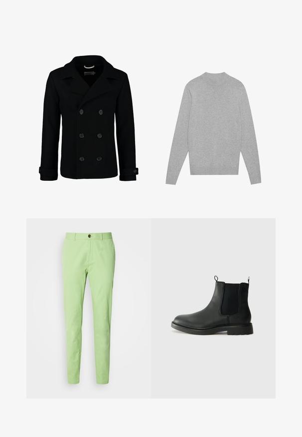 Melnas divkrūšu jūras mētelis, kas izgatavots no vilnas, ar izgrieztu apkakli, lieliem pogām un sarullētām piedurknēm. Gluda tekstūra ar piegriezumu, kas labi piekļaujas.; Gai pelēks garas piedurknes jumta džemperis ar ribotām apkakli, aprocēm un apakšmalu, izklāts uz balta fona.; Gaiši zaļi kokvilnas bikses ar slaidu piegriezumu, ar vienu brūnu pogu aizdari un standarta kabatām, gluda tekstūra, bez rakstiem.; Melnas ādas Chelsea zābaki ar elastīgām sānu daļām, vilkšanas cilpām, noapaļotu purngalu un teksturētu gumijas zoli. Gluda virsma un izturīga konstrukcija.